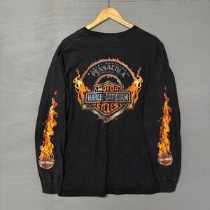 Vintage Harley‎ Davidson Long Sleeve Flame Hit Black Y2K Crazy Shirt Large